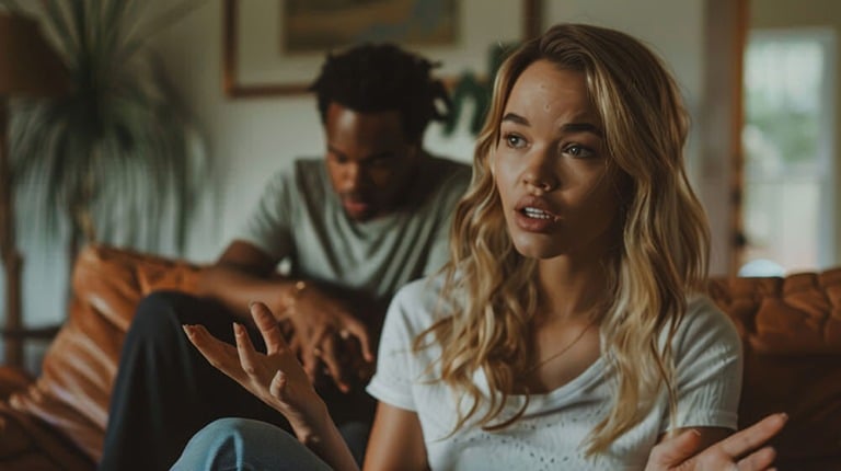Woman discussing a freelapse versus relapse while male partner hangs head