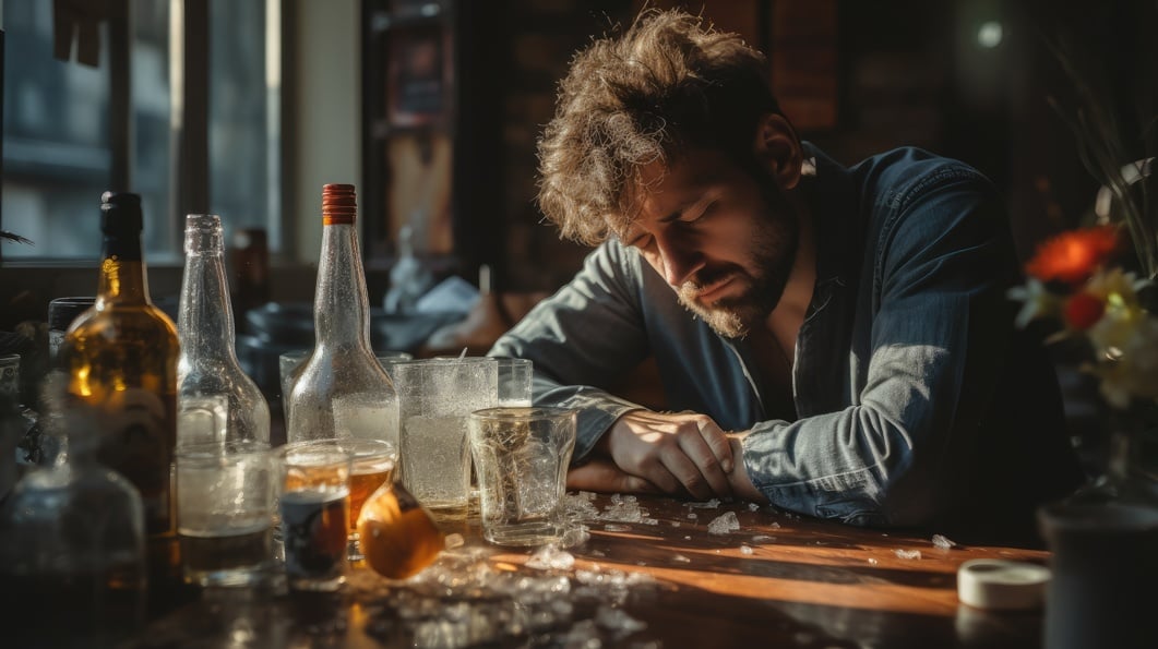 man has a headache, hangover, morning after party