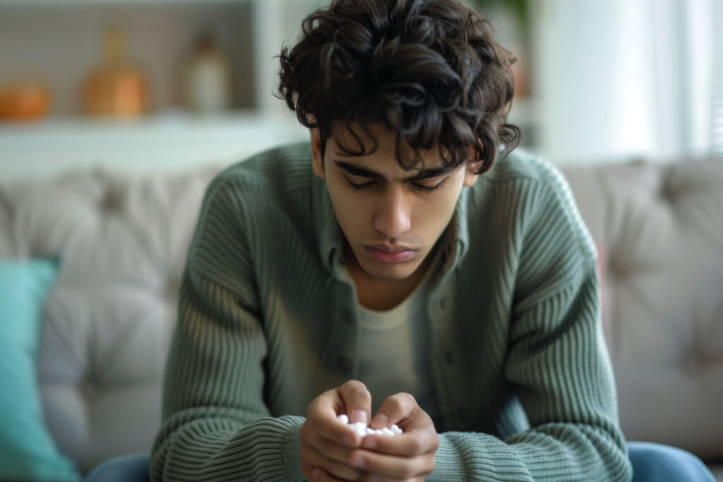 Young man looking through pile of white pills while thinking about gambling addiction.